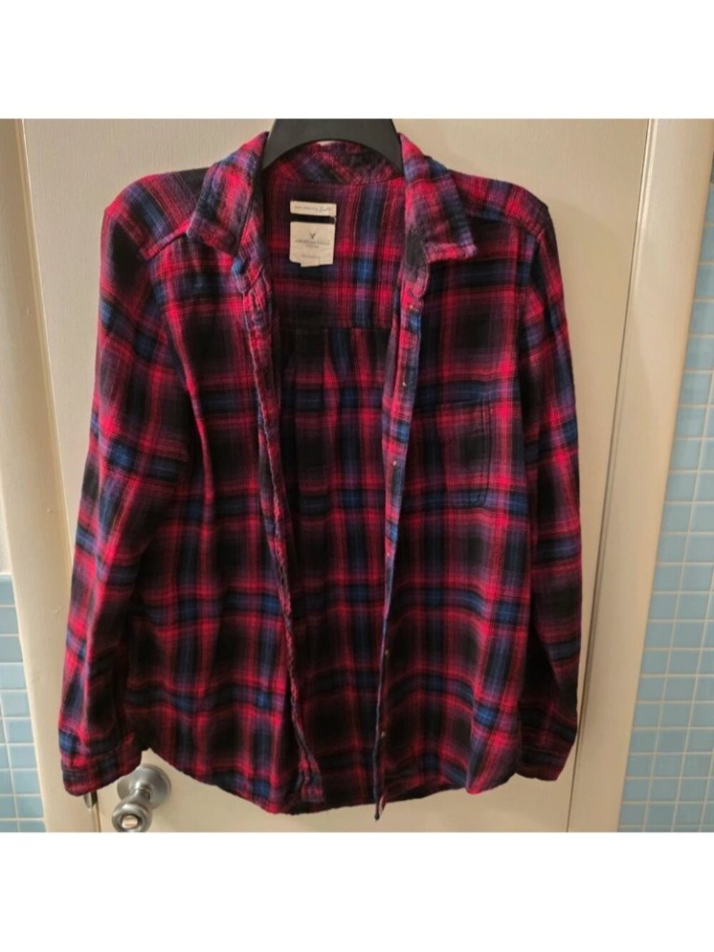 American Eagle Plaid Flannel Shirt Jacket Red Blue Black Size M